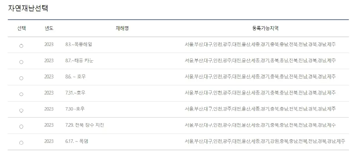 사유재산피해신고-자연재난선택
