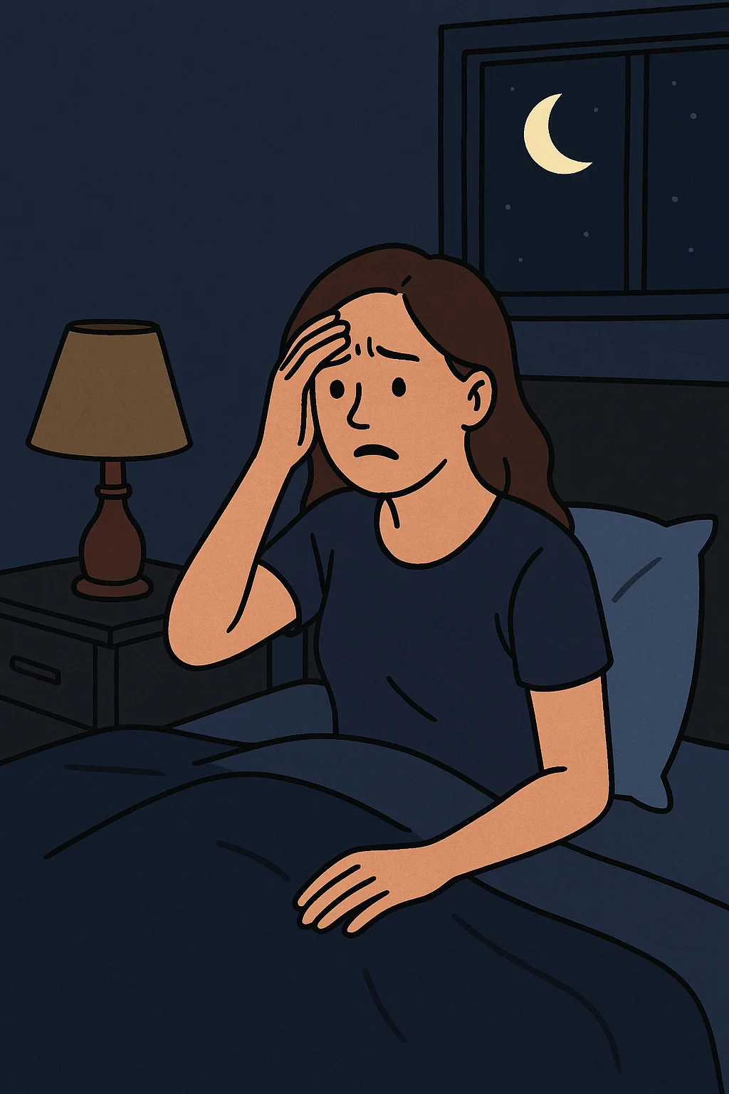 새벽에 깨어 침대에 앉아 걱정스러운 표정을 짓고 있는 여성이 방 안에서 창문 밖의 달빛을 바라보는 모습