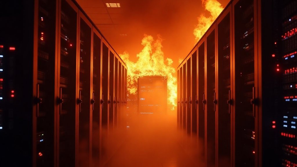 데이터센터 내부에서 화재가 난 모습을 표현한 일러스트