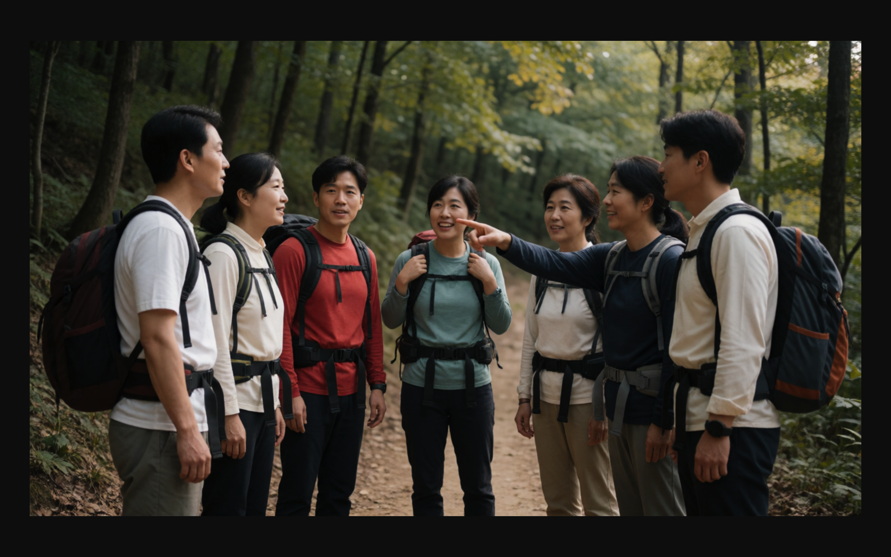 숲길에서 한 사람이 옆을 가리키며 대화하는 등산객 일곱 명