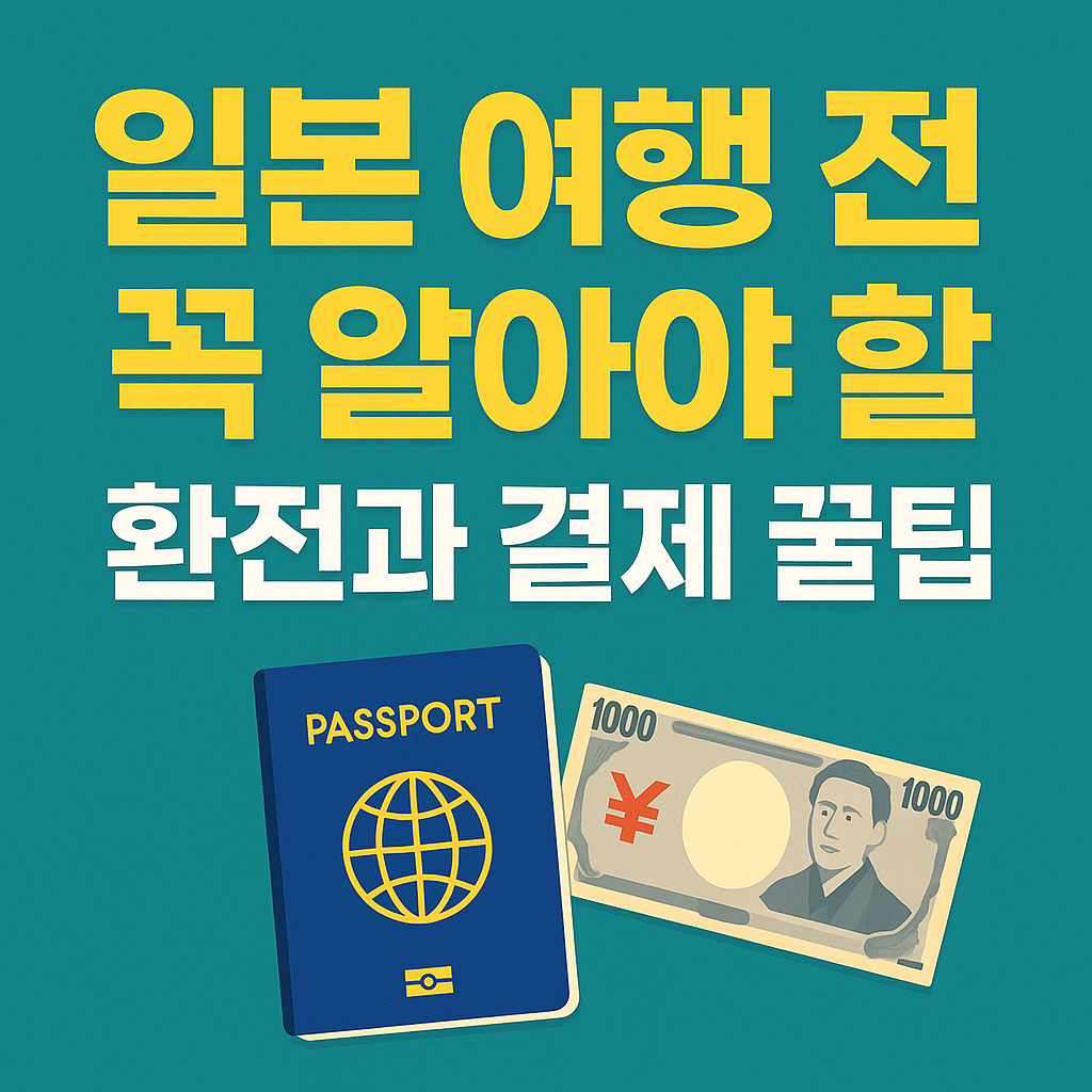 일본 여행 전 꼭 알아야 할 환전과 결제 꿀팁 안내 이미지, 여권과 일본 엔화 지폐 일러스트 포함