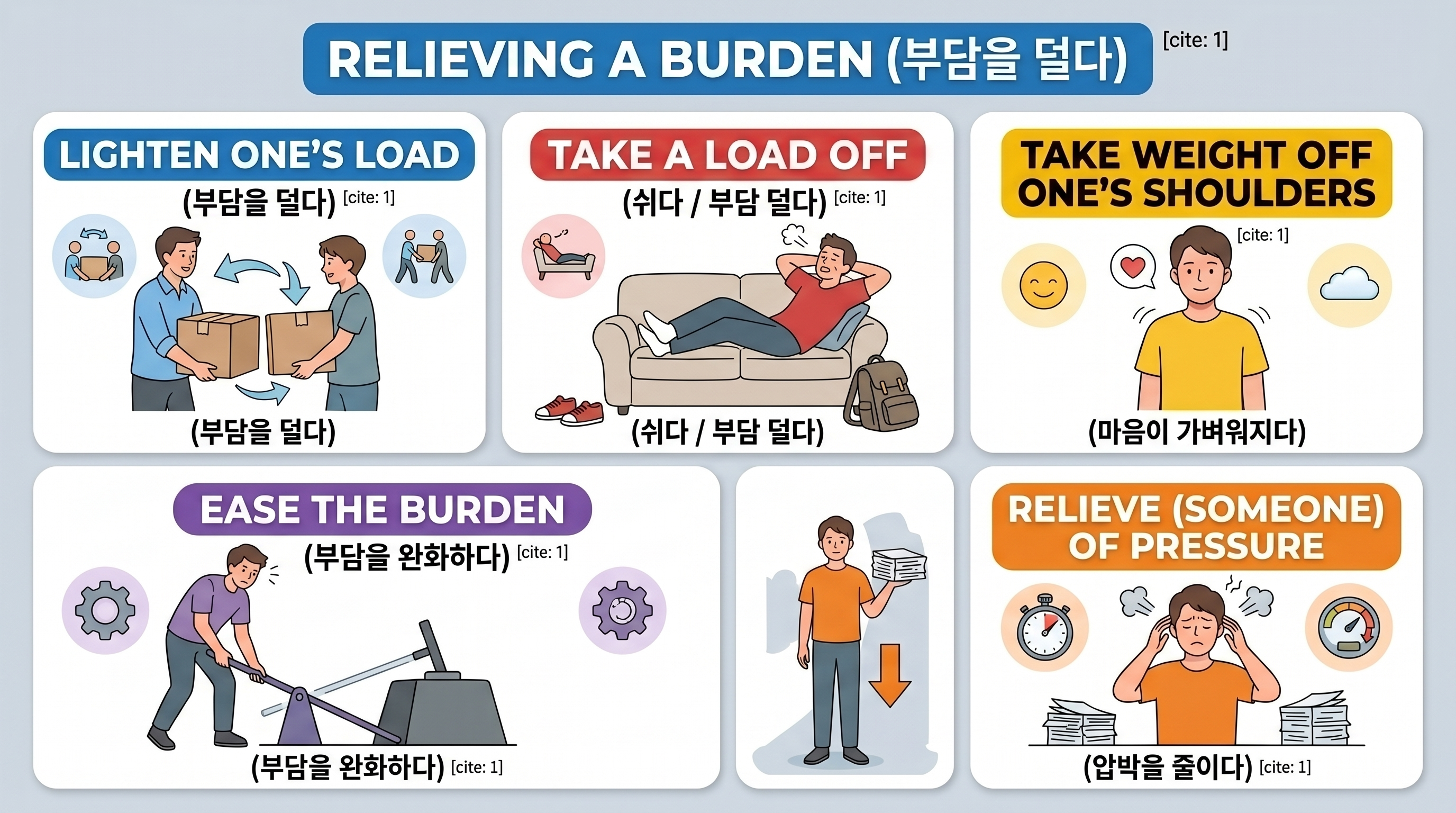 "부담을덜다 쉬다 마음이가벼워지다 부담을완화하다 압박을줄이다 등 부담을덜다를 활용한 다양한 영어 표현의 차이를 설명하는 인포그래픽 이미지"
