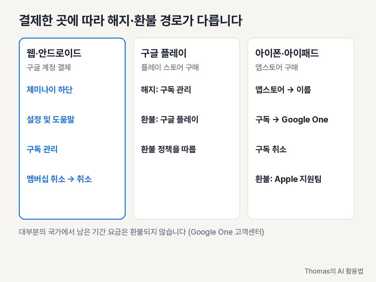 웹, 구글 플레이, 앱스토어 중 결제한 곳에 따라 해지와 환불 문의 경로가 갈리는 도식