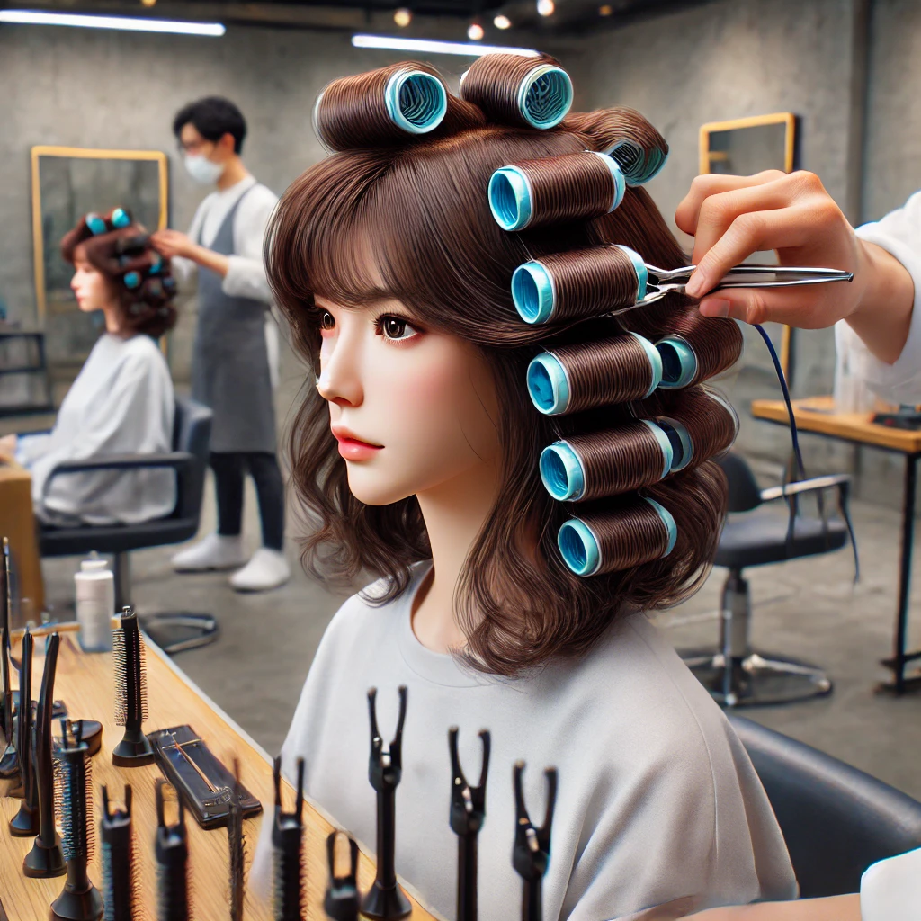 미용사가 현대적인 미용실에서 마네킹에 헤어 펌 기술을 연습하는 모습. 롤러와 도구들이 정리되어 있고 미용사의 섬세한 손길이 강조됨
