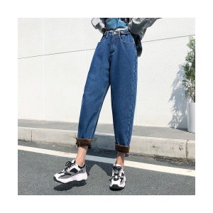 여성 바지 기모 하이웨스트 융털 청바지 일자 팬츠