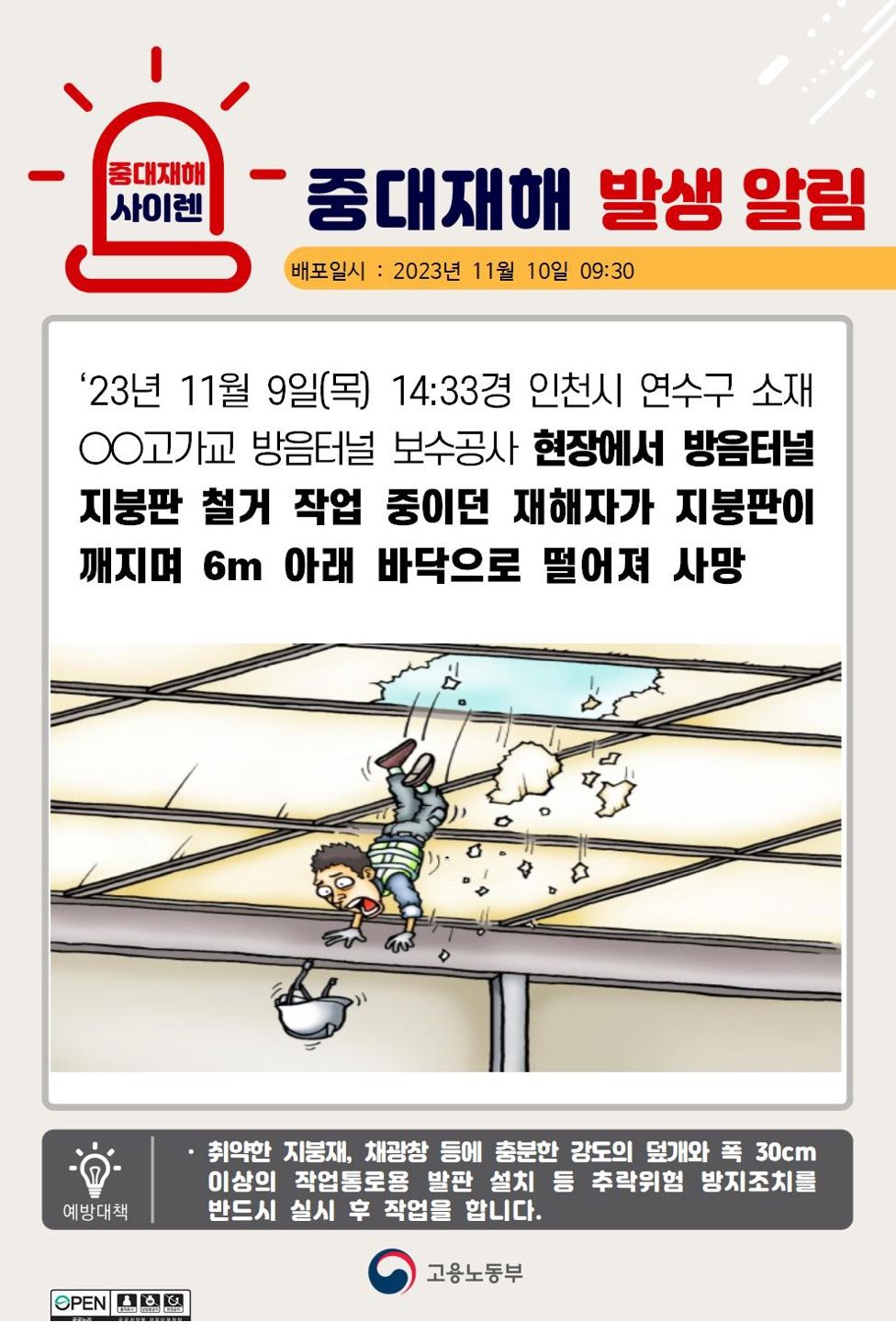 방음터널 지붕판 철거 작업 중 지붕판이 깨지면서 떨어짐(6m)