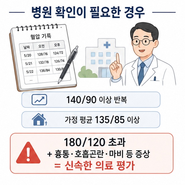 진료실 혈압 140/90mmHg 이상이나 가정혈압 평균 135/85mmHg 이상이 반복될 때 의료진 상담이 필요함을 설명한 이미지