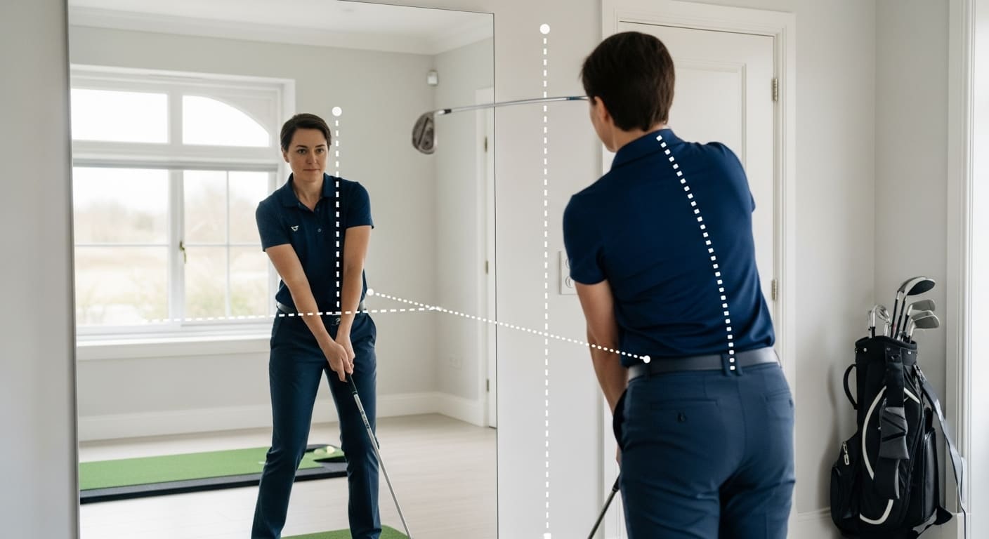 집에서 거울을 보며 골프 스윙 자세를 교정하는 사람.