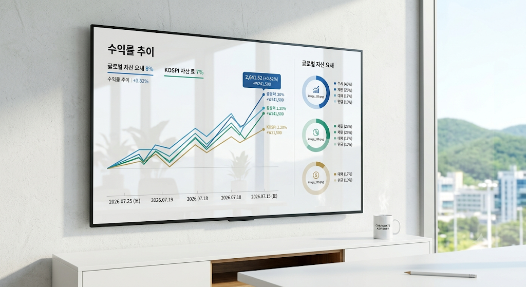 세련된 서재 테이블 위 태블릿 화면에 선명하게 정렬된 체슬리 조재한 팀장의 공수병행 5대 투자 계율 세무 체크리스트