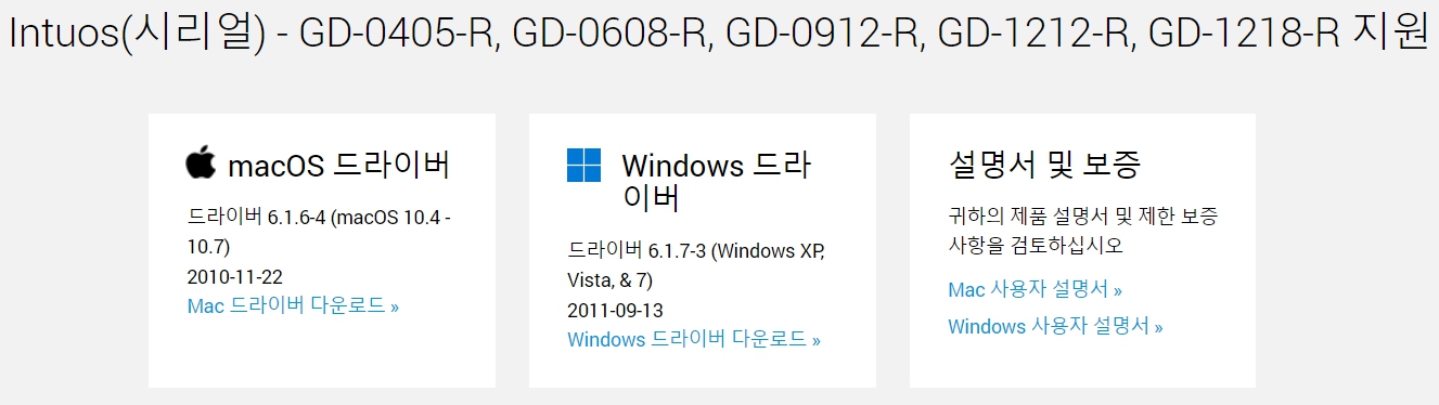 와콤 펜 태블릿 Intuos(시리얼) - GD-0405-R, GD-0608-R, GD-0912-R, GD-1212-R, GD-1218-R드라이버 설치 다운로드