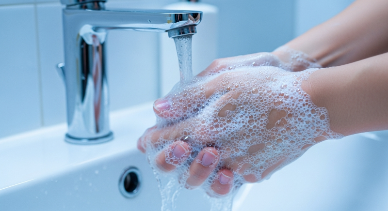 비누 거품을 내어 흐르는 물에 꼼꼼하게 손을 씻고 있는 모습