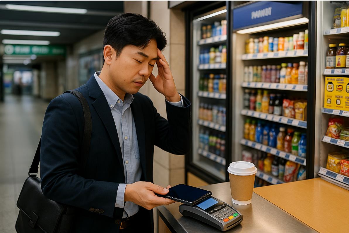 한국 지하철 역사 내 편의점에서 스마트폰을 단말기에 대고 결제하는 직장인