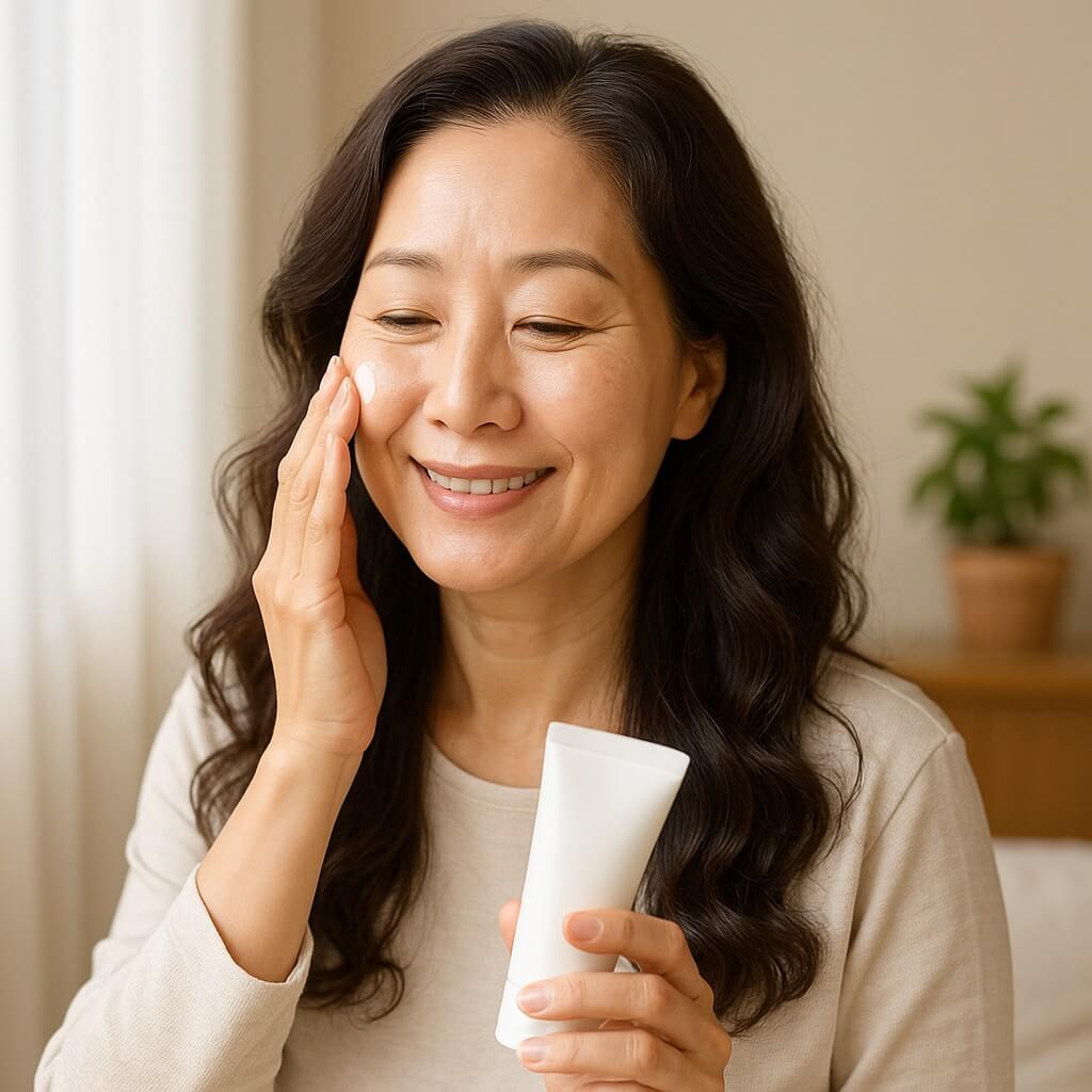중년 여성이 집에서 피부 탄력을 높이기 위해 홈케어 제품을 바르는 모습