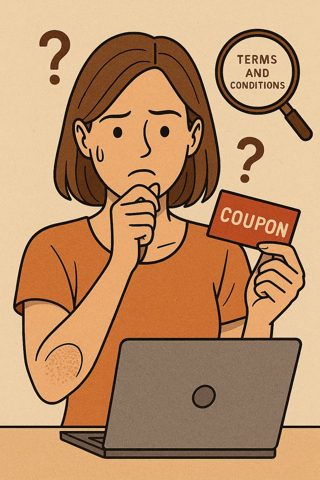 온라인-쿠폰의-숨겨진-조건을-확인하며-혼란스러워하는-여성의-모습을-묘사한-일러스트