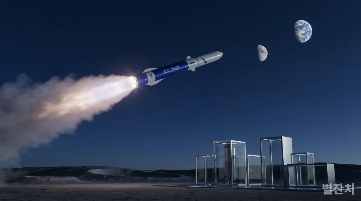 블루 오리진 뉴 글렌 로켓이 달을 향해 발사되는 모습