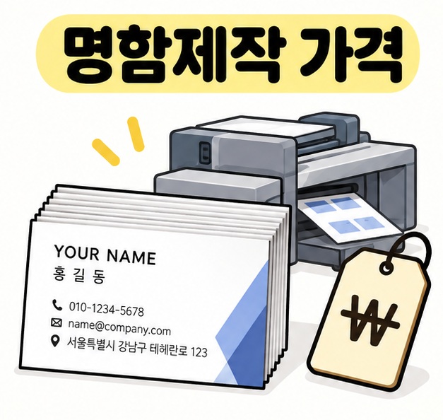 명함제작 가격 문구와 명함, 인쇄기, 가격표 아이콘을 보여주는 대표 카드
