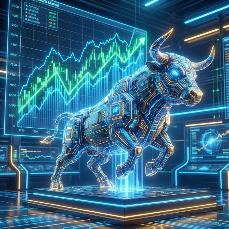 반도체 회로로 만들어진 황소가 상승하는 차트를 배경으로 서 있는 3D 렌더링 이미지