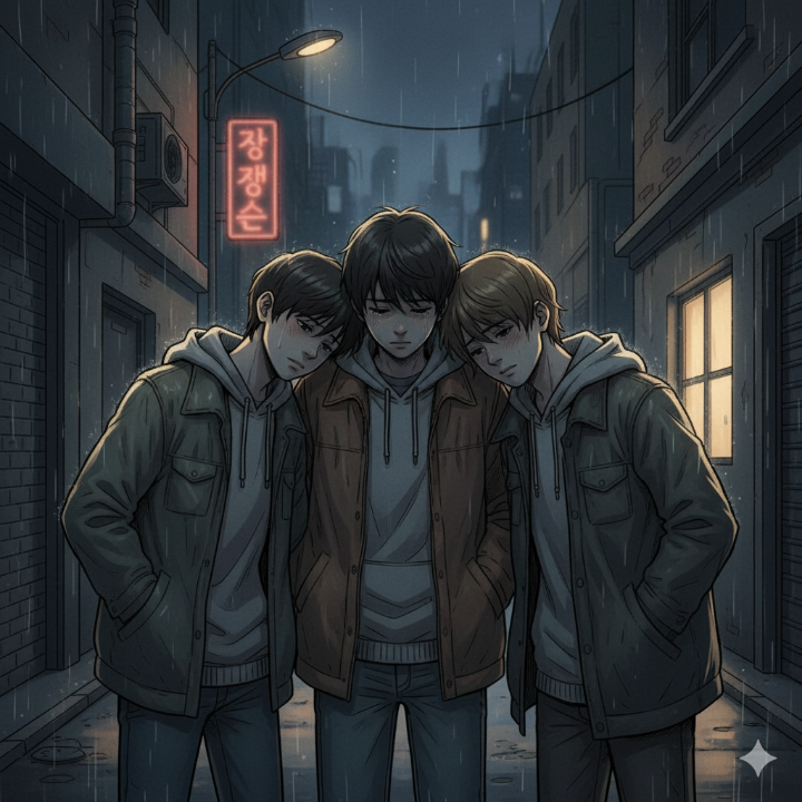 세 명의 청소년이 어두운 골목길에서 서로 기대어 서 있는 일러스트