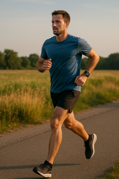 장거리 러닝 중 유산소 대사 구간을 달리는 러너의 전신 모습