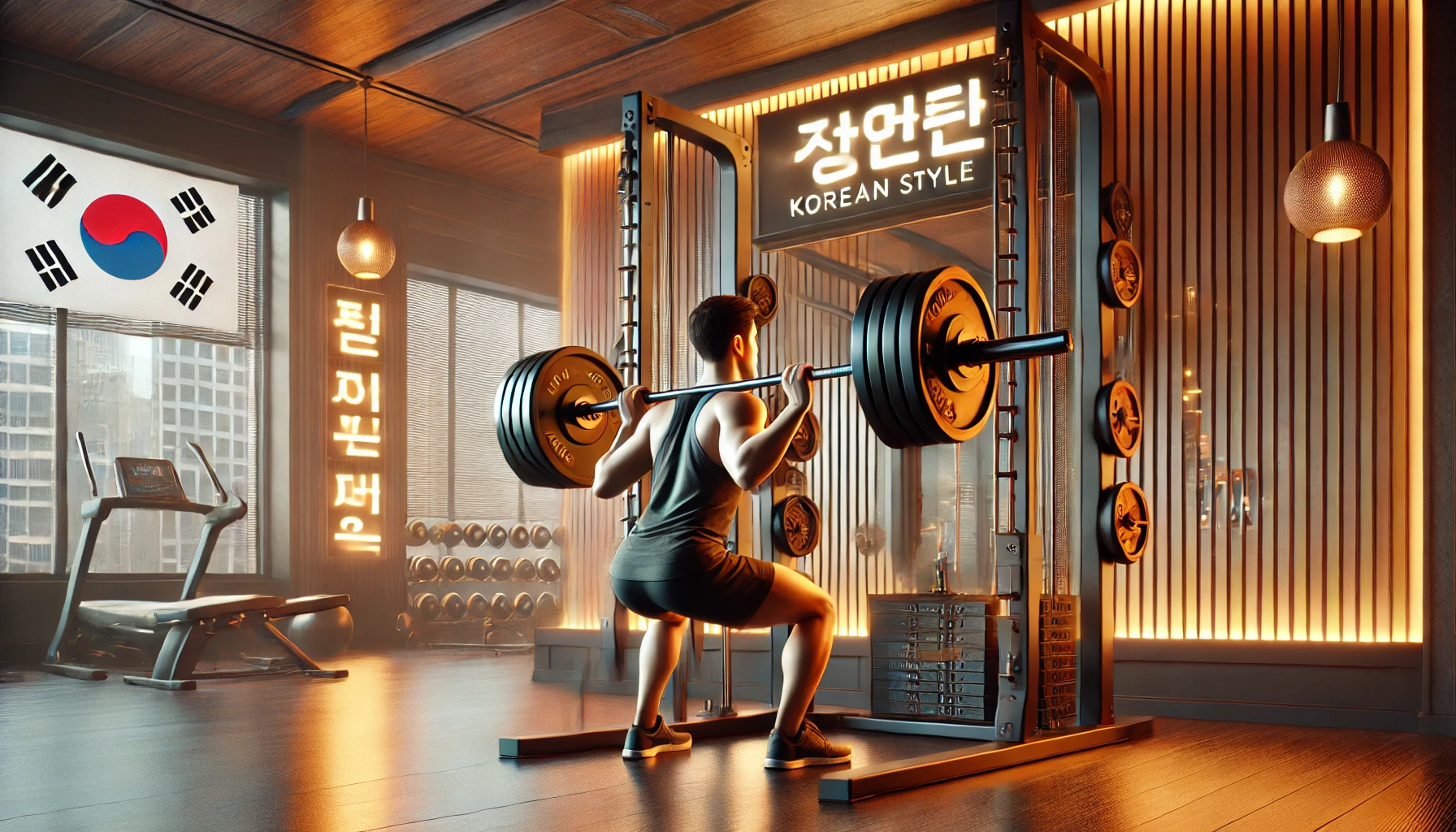 현대적인 한국 스타일 헬스장에서 운동복을 입은 사람이 핵스쿼트 머신을 이용해 운동하는 장면. 우드톤 인테리어, 네온 조명, 그리고 한국어 동기부여 포스터가 배경을 장식하고 있다.