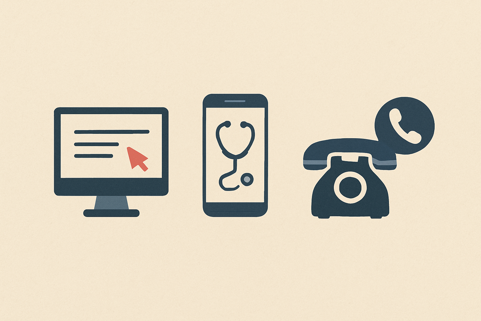 약물 부작용 신고 방법을 나타낸 일러스트로, 좌측부터 컴퓨터(온라인 신고), 스마트폰(앱 신고), 전화기(전화 신고) 아이콘이 정렬되어 있으며, 연한 베이지색 배경에 짙은 남색으로 표현된 깔끔한 구성.