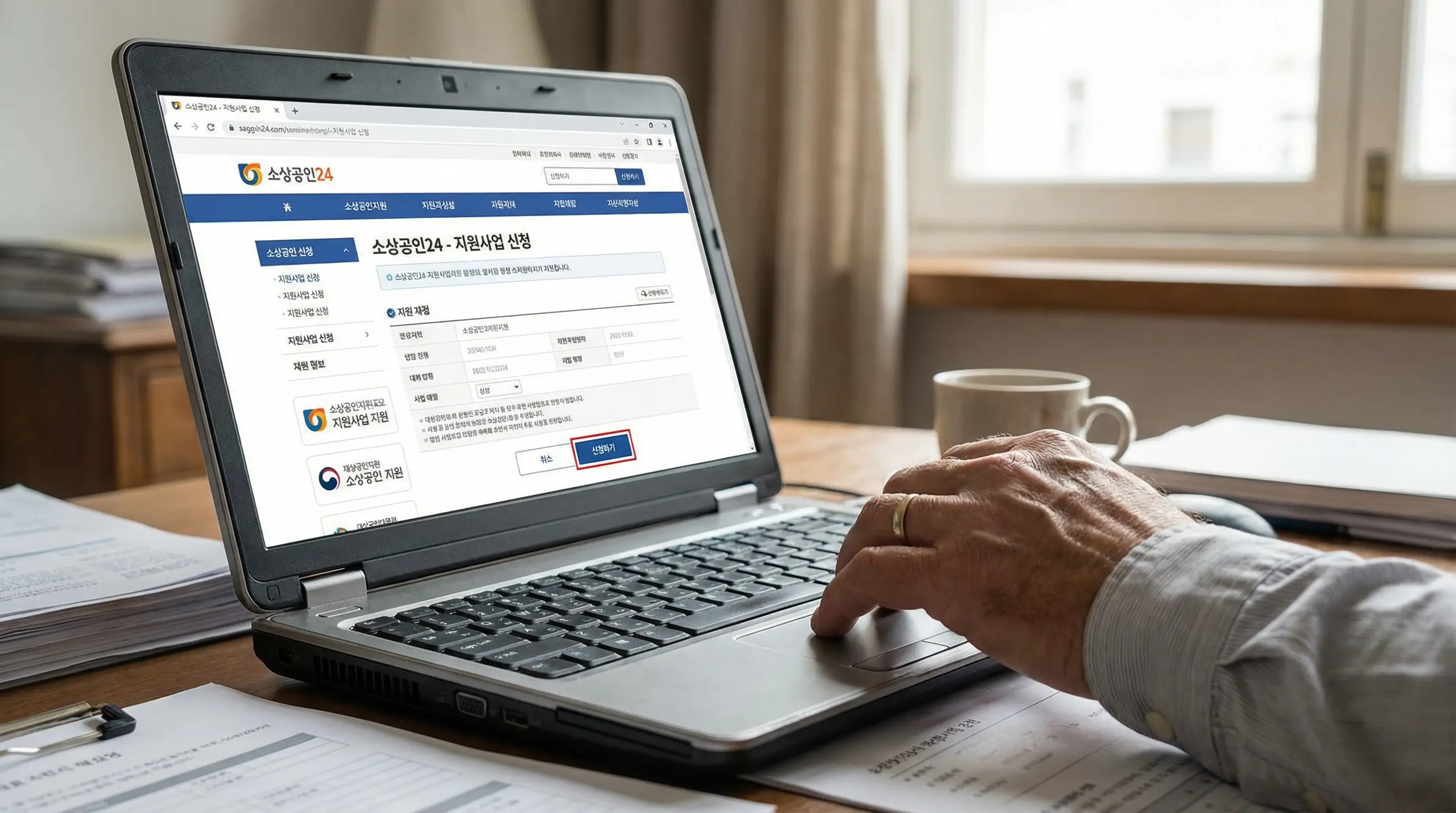 노트북 화면에 소상공인24 홈페이지를 띄워놓고 신청 버튼을 클릭하는 사장님의 손 클로즈업