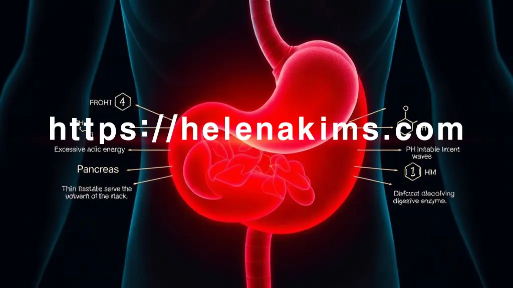 위에서 분출되는 과도한 산성 에너지가 직접적인 공격이 아닌, 얇고 불안정한 기운처럼 췌장을 향해 흘러가는 모습을 표현. 이 기운 주변으로 파동처럼 퍼지는 pH 불균형 아이콘과 희미해지는 소화 효소 분자들이 함께 연출되어 췌장에 가해지는 간접적인 부담을 시각화한 이미지.