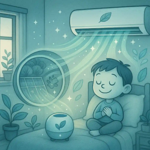 팀 버튼 스타일 어린이 방에서 에어컨과 공기청정기로 회복 공기를 표현한 감성 일러스트