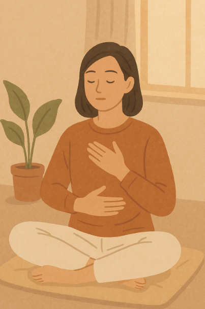 방안에서 호흡을 가다듬고 있는 사람 모습 사진