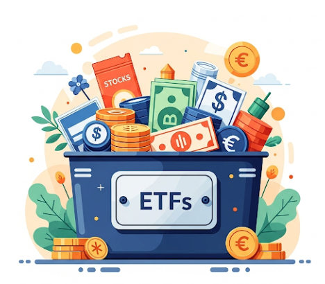 ETF의 분산 투자 이점을 보여주는 이미지. 여러 종류의 자산(주식, 채권 등)이 바구니나 포트폴리오 안에 안정적으로 담겨 있는 모습을 시각화하여 ETF의 안정성을 강조
