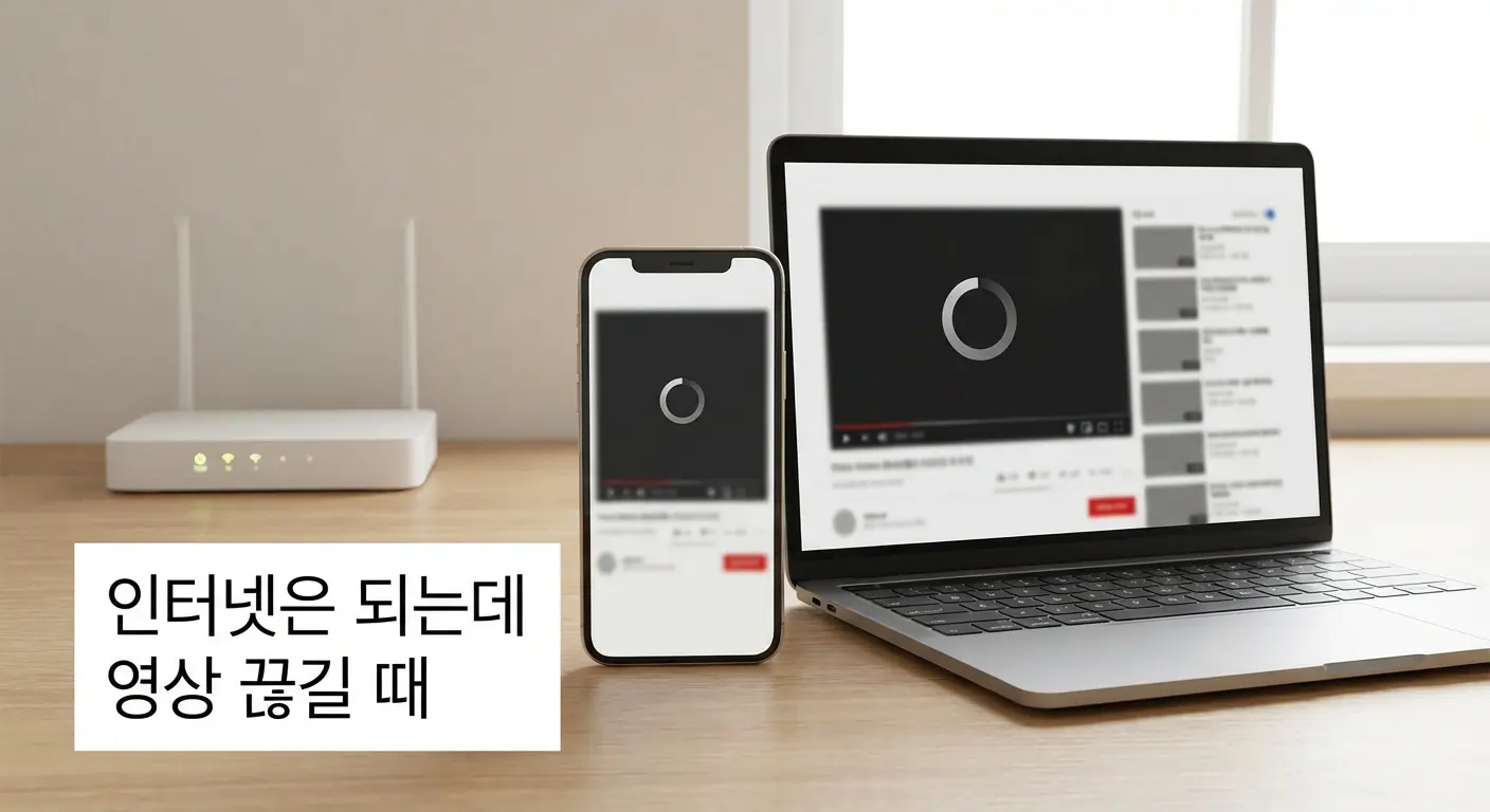 인터넷은 연결돼 있지만 영상만 끊기거나 버퍼링되는 상황을 설명하는 이미지