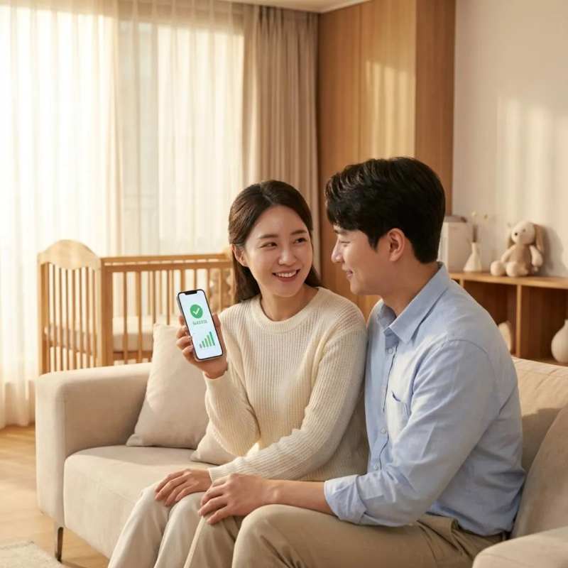 2026 육아휴직 급여 개편안에 따른 실수령액과 비과세 혜택 정보를 스마트폰으로 확인하는 젊은 부부의 클로즈업 샷