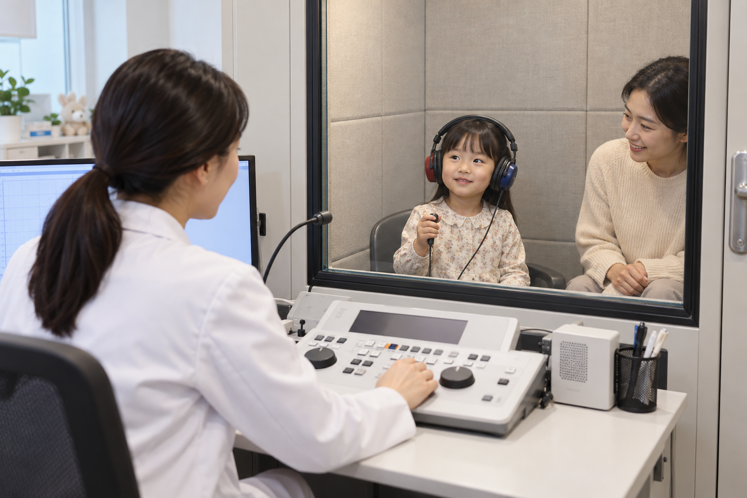 아이가 자꾸 되묻고 소리를 키울 때, 유소아 난청 신호와 청력검사 준비 상황을 부모와 아이가 실제 생활 공간에서 함께 확인하는 장면
