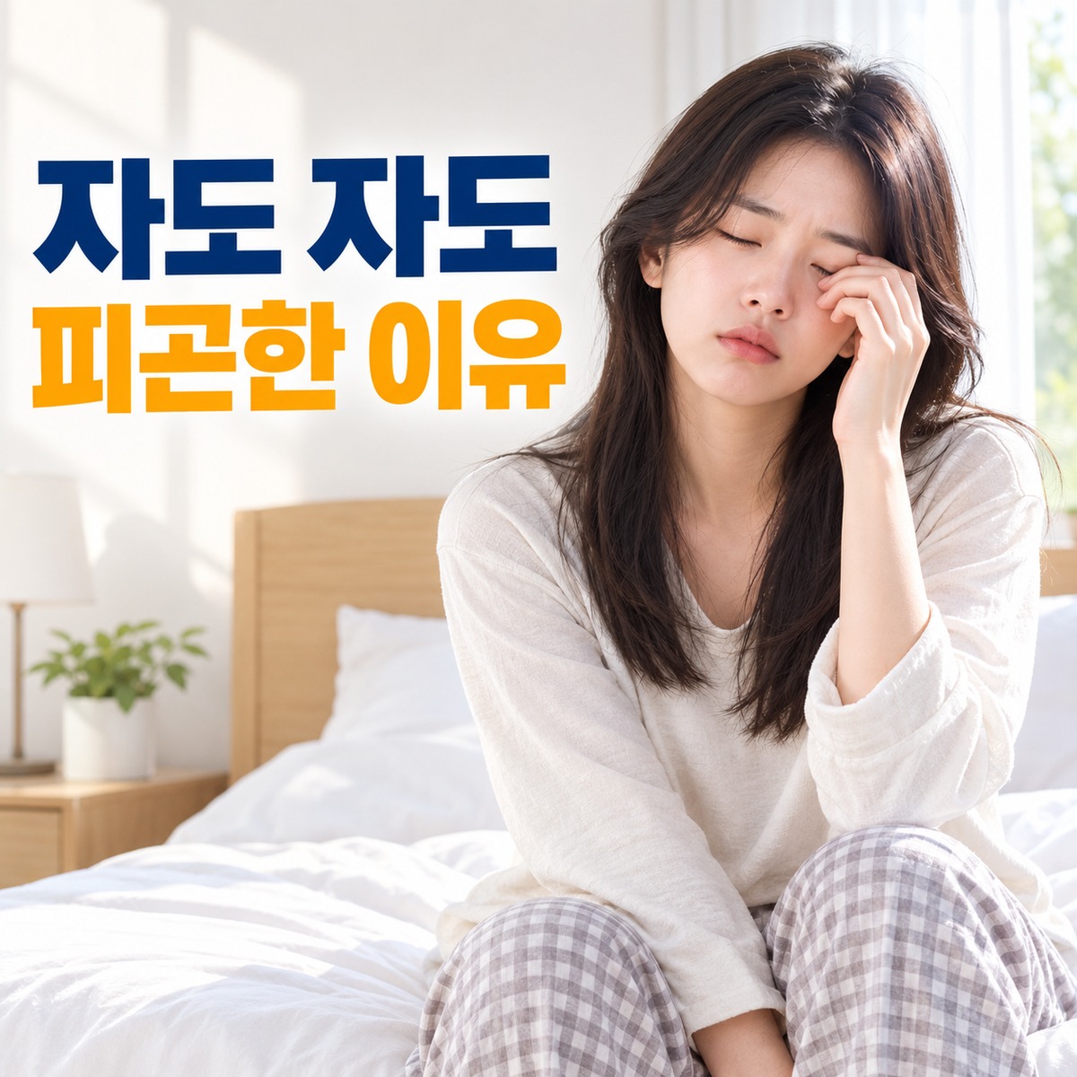 아침에 충분히 잤지만 피곤한 표정으로 침대 가장자리에 앉아 있는 사람과 차분한 침실