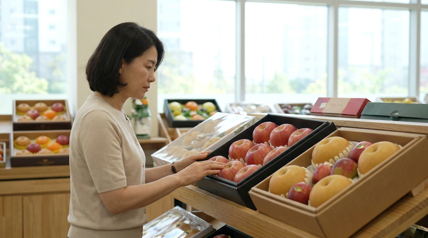 마트 과일 코너에서 상품을 고르는 여성