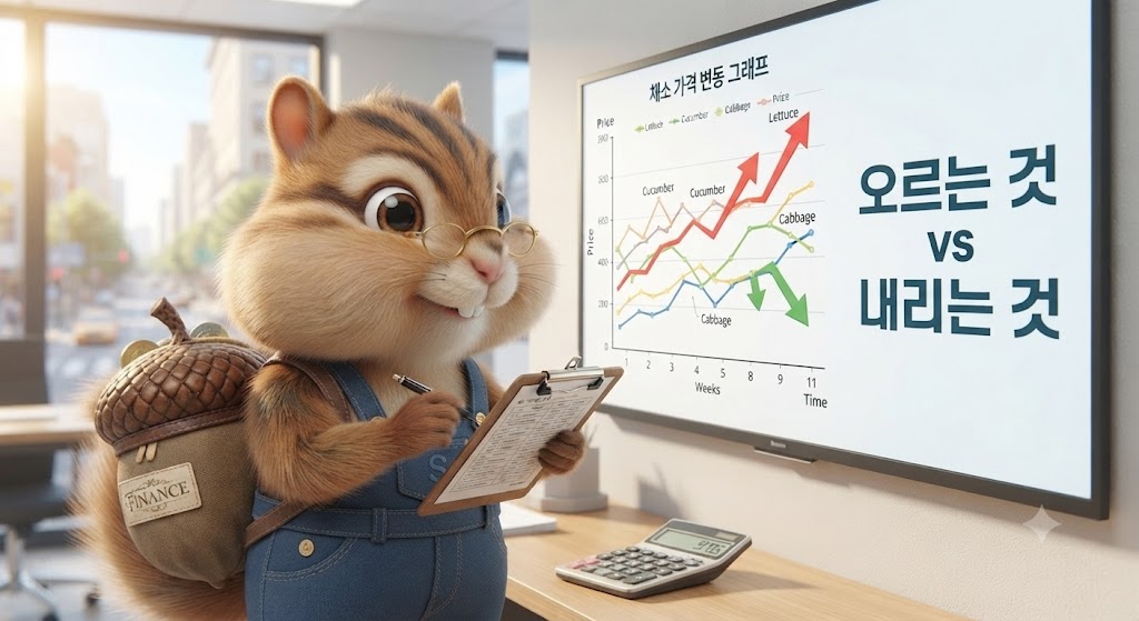 채소 가격 변동 그래프를 확인하는 다람쥐 캐릭터