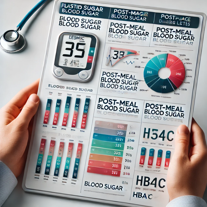 당뇨병 진단 기준을 시각적으로 보여주는 인포그래픽. 각 기준에 대한 아이콘 포함.