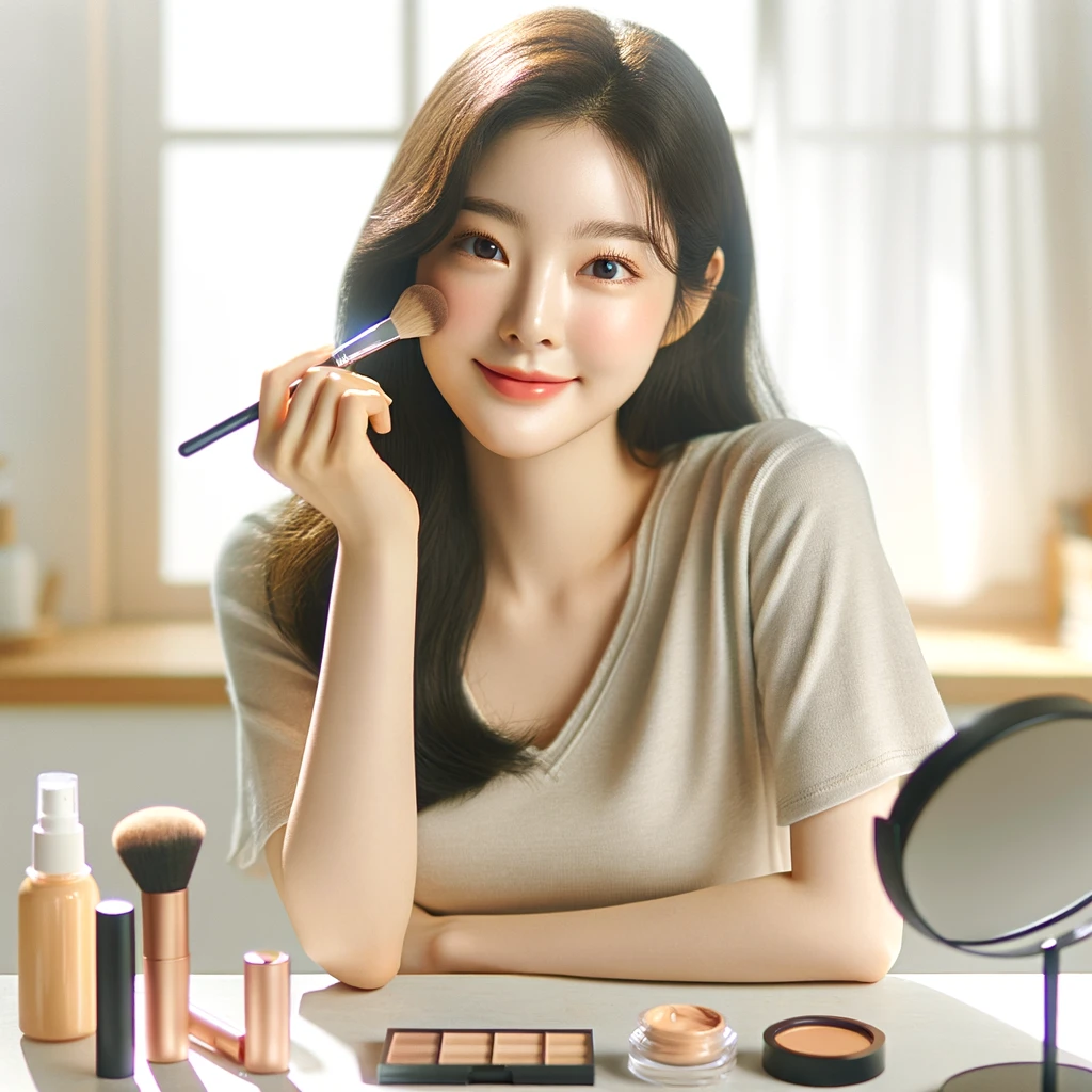여성이 화장대 앞에서 붓을 들고 메이크업하는 이미지
