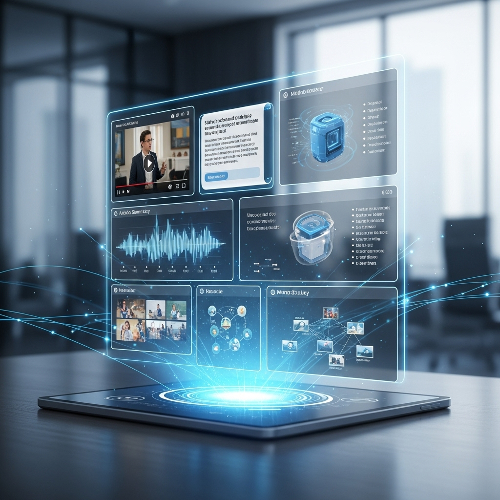 사용자가 다양한 형식의 콘텐츠를 통합적으로 경험하는 멀티모달 리캡 시스템을 시각화한 이미지.