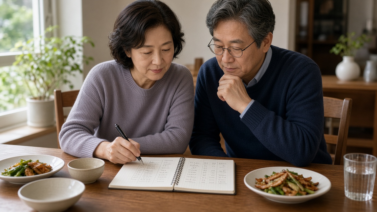 저녁 식탁에서 노트에 관심 종목 지표를 표로 정리하는 50대 한국인 부부