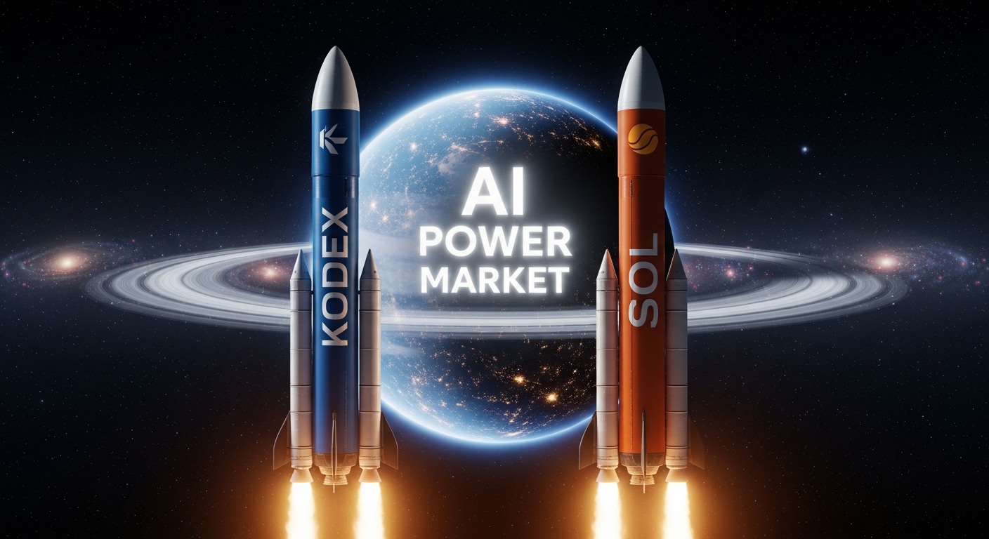 'KODEX'와 'SOL' ETF 로고가 그려진 두 개의 로켓이 'AI 전력'이라는 행성을 향해 날아가는 이미지