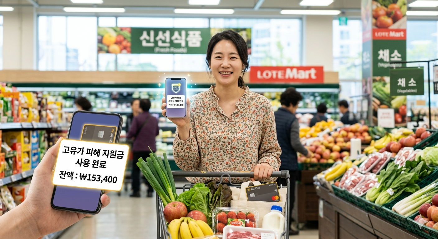 마트에서 쇼핑 중인 여성이 스마트폰을 들고 있는 이미지입니다. 여성의 스마트폰에는 '고유가 피해 지원금 사용 완료, 잔액: ￦153,400'이라는 문구와 함께 카드 이미지와 잔액 정보가 표시되어 있습니다. 여성은 장바구니를 카트에 담고 웃고 있으며, 배경으로는 '신선식품' 코너와 '롯데마트' 간판이 보입니다.