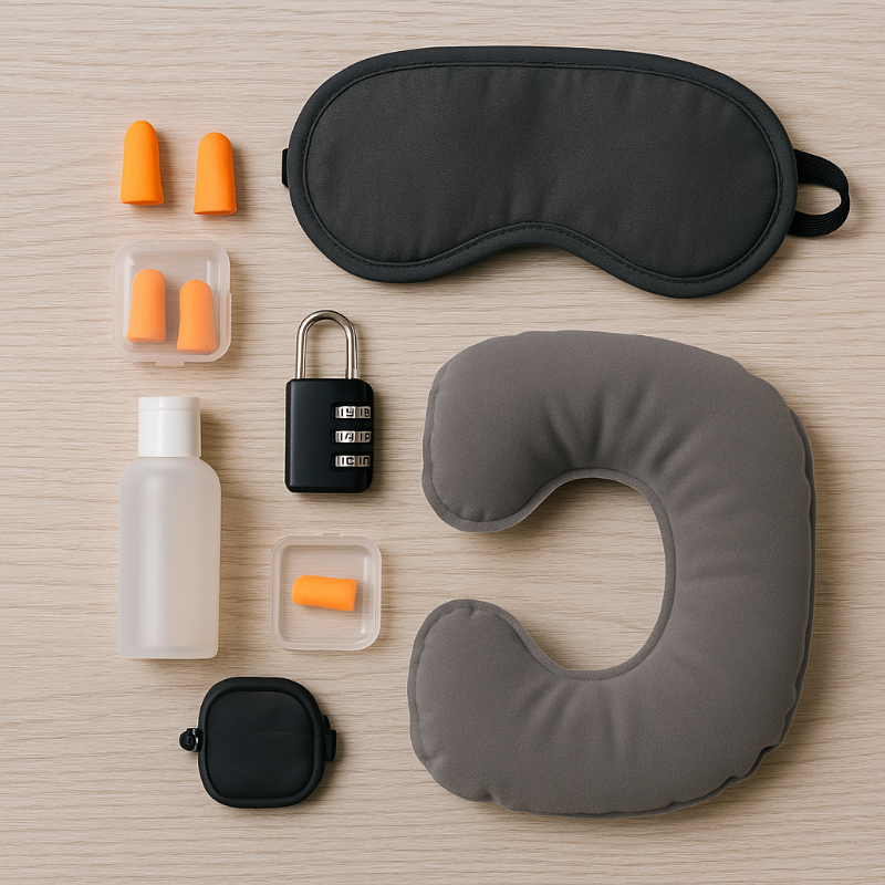 여러 가지 여행용 소품(이어플러그, 눈가리개, 작은 자물쇠 등)이 놓인 사진