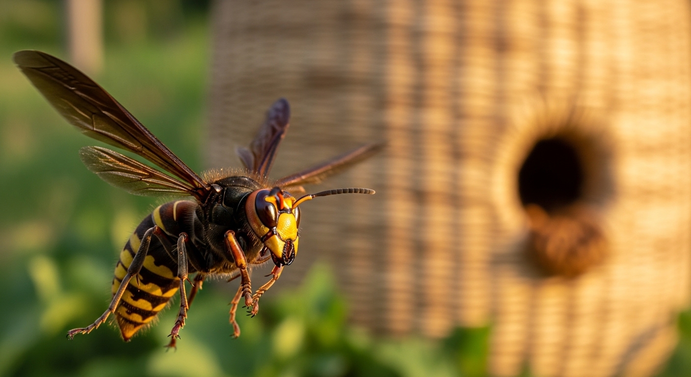 한국의 전통 벌통 근처를 위협적으로 날아다니는 등검은말벌의 클로즈업 사진. 토종벌에게 심각한 위협이 되는 외래종의 모습을 보여줍니다.
