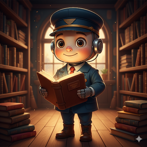 책을 읽으며 인간의 이야기를 이해하려는 작은 AI 조력자의 모습, 따뜻한 도서관 분위기의 AI 우화 장면