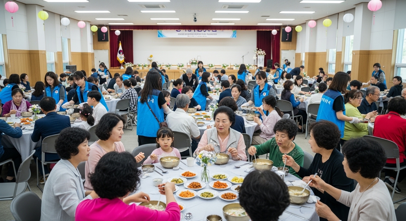 지역 주민과 자원봉사자들이 함께 모여 떡국을 나누며 즐거운 시간을 보내는 활기찬 커뮤니티 홀 풍경. * ai 생성