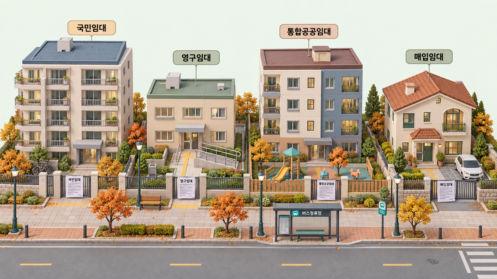 유형이 다른 네 채의 집이 나란히 선 마을