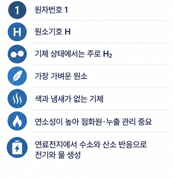 수소의 원자번호 1 원소기호 H H2 분자 가벼운 기체 연소성 연료전지 활용을 정리한 기본 성질 인포그래픽