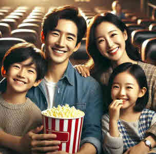 극장에서 부모와 자녀가 함께 영화 보는 장면, 행복한 분위기