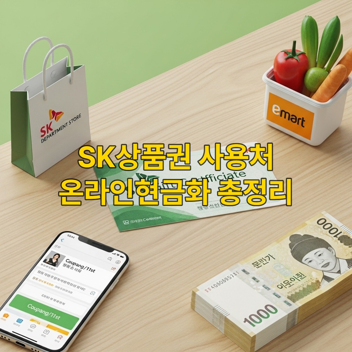 SK상품권과 함께 롯데아울렛 쇼핑백, 이마트 로고가 있는 식료품, 온라인 쇼핑 앱이 보이는 스마트폰, 한국 지폐 더미가 어우러져 다양한 SK상품권 사용처와 현금화 방법을 상징하는 모습